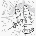 Simple cartoon drawing of a smiling rocket astronaut waving, in coloring page style, with bold outlines and no shading, perfect for kids and adults.