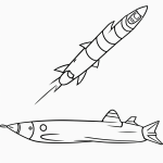 A simple cartoon drawing of a rocket submarine underwater, featuring bold outlines and no shading, ideal for a coloring page.