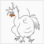 A simple cartoon drawing of a rooster with a big tail, designed as a coloring page in black and white line art with bold outlines, no shading.