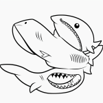 A cartoon shark with a big grin, outlined in bold black lines, designed for a child-friendly coloring book page on a plain white background.