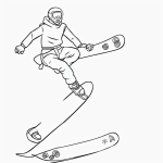 Simple cartoon drawing of a snowboarder, coloring page in black and white line art with bold outlines, perfect for coloring enthusiasts.