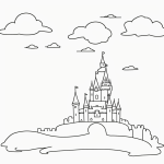 Simple line art of a castle on a hill with smiling clouds, designed as a black and white coloring book page with no shading, perfect for creative expression.