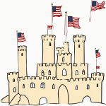 A cartoon-style castle with tall towers and flags, designed for coloring with bold outlines and no shading, perfect for a coloring book page.
