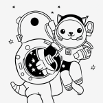 A simple cartoon drawing of a cat astronaut floating in space, designed as a coloring page with bold outlines and no shading.