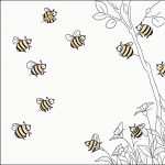 Illustration of cheerful bees buzzing around a beehive, drawn in a simple black and white line art style, perfect for coloring book enthusiasts.