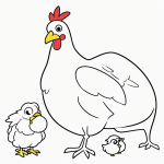 Simple cartoon drawing of a chicken with chicks in black and white line art, featuring bold outlines and no shading, perfect for coloring.