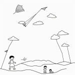 Black and white line art of children flying kites on a hill, perfect for coloring enthusiasts looking for a relaxing and creative activity.
