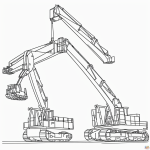 Black and white line art of construction vehicles including a bulldozer, dump truck, and crane at work, suitable for coloring book pages.