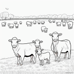 Black and white line art of cute farm animals including a cow, sheep, and chicken in a field, designed for coloring book enthusiasts.