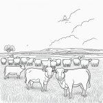Simple line art of a cute cow, sheep, and chicken standing together in a field, designed for a black and white coloring book page activity.