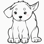 A cute puppy with big ears, cartoon-style coloring page with bold black outlines and a plain white background, designed for children to color.