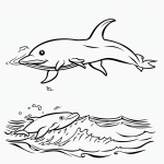 A playful dolphin jumping waves in a cartoon coloring page style with bold black outlines and a plain white background, perfect for kids' coloring fun.
