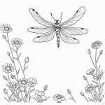 A charming cartoon-style dragonfly flying above flowers, perfect for a coloring book page with bold outlines and no background.
