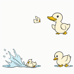 Cartoon duckling splashing water in vector clipart style with bold black outlines on a plain white background, perfect for a child-friendly coloring book page.