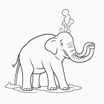 Black and white line art of an elephant spraying water with its trunk, designed as a simple cartoon drawing for a coloring page with bold outlines.