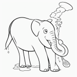 Simple cartoon drawing of an elephant spraying water, kids coloring page style with bold outlines and no shading, perfect for young artists.