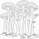 Simple line art of an enchanted forest with smiling trees and mushrooms, designed as a black and white coloring page with no shading or color.