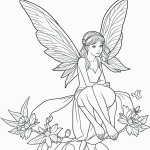 Black and white line art of a fairy with wings sitting on a flower, designed for a coloring book, featuring simple outlines without shading or color.