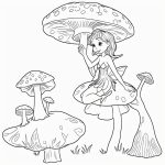 An enchanting cartoon-style coloring page featuring a fairy sitting on a mushroom with bold outlines and no background, perfect for creative coloring.