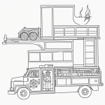Simple line art of a fire truck with smiling firefighters, designed for coloring, featuring a black and white outline with no shading.