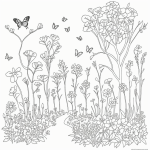 A coloring book page featuring a cartoon garden with bold outlines, showcasing flowers and butterflies, perfect for creative and relaxing coloring sessions.