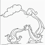 Simple line art of a friendly dragon blowing smoke in the sky, styled as a cartoon coloring book page in black and white outline without shading.