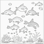 Simple line art of friendly sea creatures including fish, turtle, and dolphin swimming with coral and bubbles on a coloring book page.