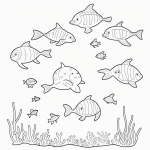 Simple line art of friendly fish, turtle, and dolphin swimming with coral and bubbles, perfect for a coloring book page.