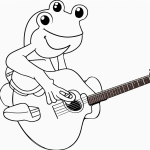 Black and white line art of a simple cartoon frog playing a guitar, designed as a coloring page with bold outlines and no shading.