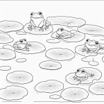 A black and white line art illustration of frogs sitting on lily pads in a pond, designed for coloring book enthusiasts of all ages.