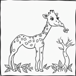Black and white line art of a giraffe eating leaves, designed as a coloring page with bold outlines and no shading, perfect for creative coloring.