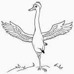 Simple cartoon drawing of a goose with open wings, designed as a coloring page in black and white line art with bold outlines, ready for coloring.