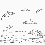 Simple line art of happy dolphins jumping over ocean waves in a black and white coloring book style outline, perfect for creative coloring.