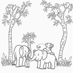 Black and white coloring page featuring happy jungle animals including a lion, monkey, and elephant surrounded by trees in a simple line art style.