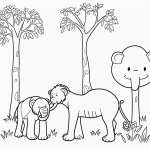 Simple line art of a happy jungle scene with a lion, monkey, and elephant surrounded by trees, designed in a coloring book style for kids to enjoy.
