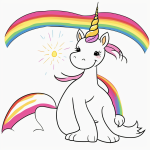 A simple cartoon drawing of a happy unicorn with a rainbow, designed in a coloring book style with bold outlines, perfect for kids' creative projects.