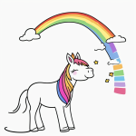 A simple cartoon drawing of a happy unicorn with a rainbow in black and white line art, perfect for a coloring page with bold outlines and no shading.