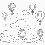 Simple line art of hot air balloons floating in the sky, designed for a coloring book page, featuring black and white outlines without shading.