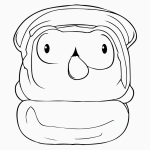 Simple cartoon drawing of a hot dog in a bun, coloring page style with bold outlines, perfect for kids and adults to color.