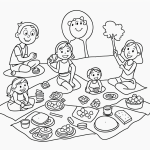 Simple cartoon drawing of kids having a picnic, coloring page style with bold outlines, ideal for creative and educational coloring activities.