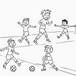 A simple cartoon drawing of kids playing soccer, styled as a coloring page with bold black and white lines, perfect for children to color and enjoy.