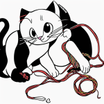 Cartoon kitten playing with yarn in a vector style coloring page, featuring bold black outlines and a plain white background, perfect for kids' creative fun.
