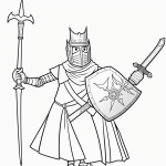Cartoon-style knight holding a sword and shield, designed as a coloring book page with bold outlines and no background.