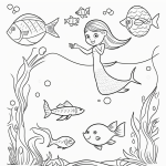 A cartoon style coloring book page showing a mermaid swimming with fish, featuring bold outlines and no shading, ideal for creative coloring.