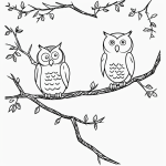 Cartoon owl on a branch with bold black outlines, vector clipart style, child-friendly coloring page on a plain white background, ideal for kids.