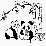 A simple cartoon drawing of a panda eating bamboo, styled as a coloring page with black and white line art and bold outlines.
