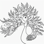 A simple cartoon drawing of a peacock with open feathers, designed in black and white line art style, featuring bold outlines and no shading for easy coloring.