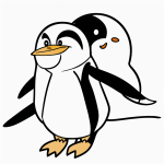 A simple cartoon drawing of a penguin skiing, perfect for a coloring page with bold outlines and no shading, capturing a fun winter activity for kids.