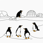 Black and white line art of penguins sliding on ice with igloos, perfect for a coloring book style, showing simple outlines and no shading.