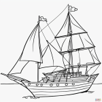 Simple cartoon drawing of a pirate ship with a big sail, designed as a coloring page with black and white line art and bold outlines, no shading.